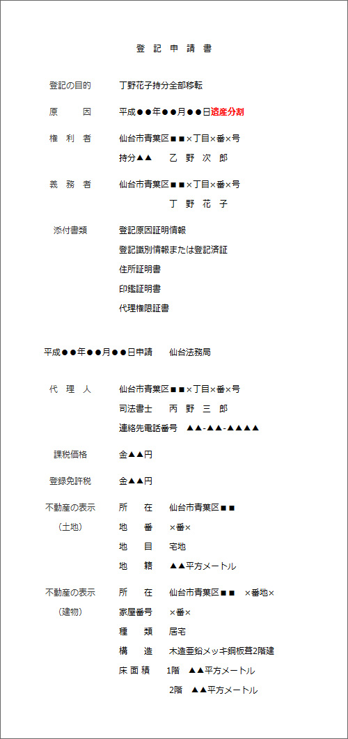 遺産分割による名義変更登記の申請書