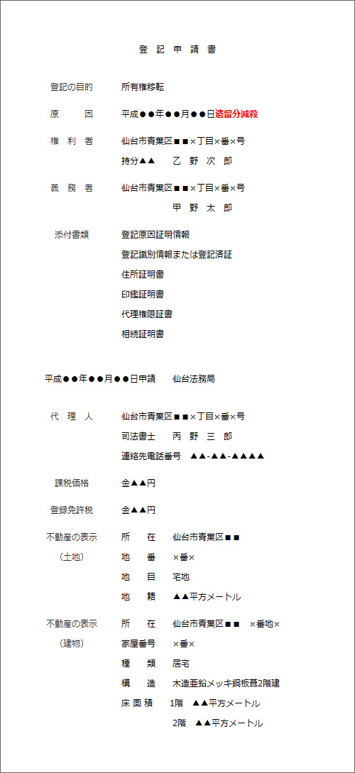 遺留分減殺による名義変更登記の申請書