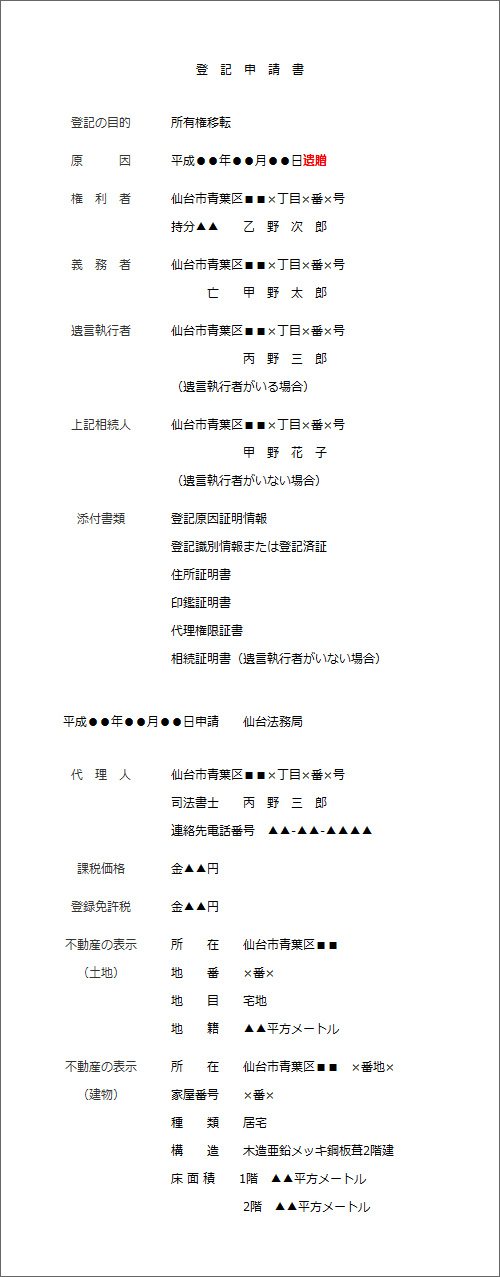 遺産分割による名義変更登記の申請書